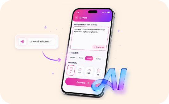 Phone showing the Arteasy AI Photo screen: a prompt describing a majestic fantasy castle, style and aspect ratio pickers, and a Generate button, with a &ldquo;cute cat astronaut&rdquo; prompt chip alongside