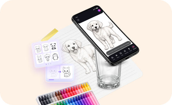 Phone showing a golden retriever sketch in the Arteasy camera view above the traced drawing on lined paper, with a template picker and a box of crayons