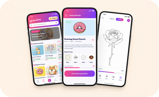 Three phones showing the Arteasy lesson flow: the AR Drawing course list, a Drawing Sweet Donuts lesson with step previews and progress, and the drawing canvas with a rose template