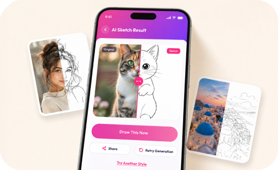 Phone showing the Arteasy AI Sketch Result screen with a cat photo split against its line-art version and a Draw This Now button, flanked by a portrait and a landscape photo paired with their sketches