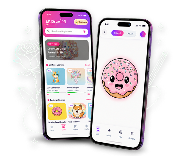 Two phones showing Arteasy: the AR Drawing home screen with lesson cards, and a finished pink donut drawing on the editing canvas