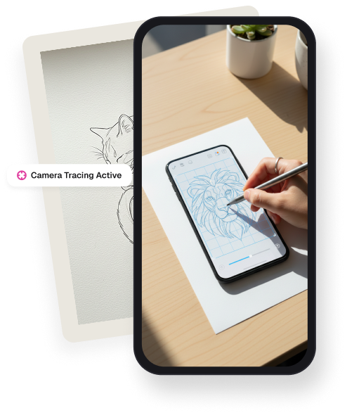 Phone showing the Arteasy camera view tracing a lion sketch onto paper, with a Camera Tracing Active badge